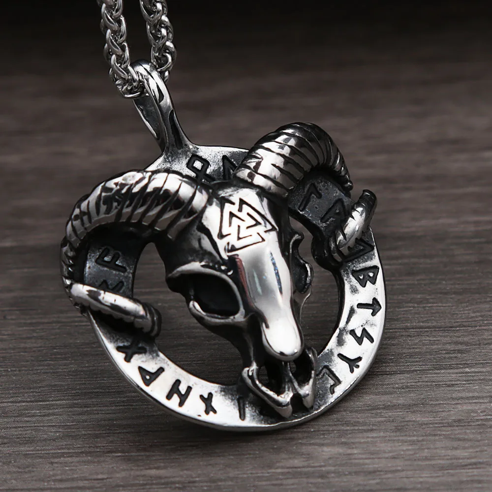 Vintage Gothic 316L Edelstahl Ziege Kopf Schädel Anhänger Nordic Viking Rune Halskette Für Männer Mode Amulett Schmuck Großhandel Image