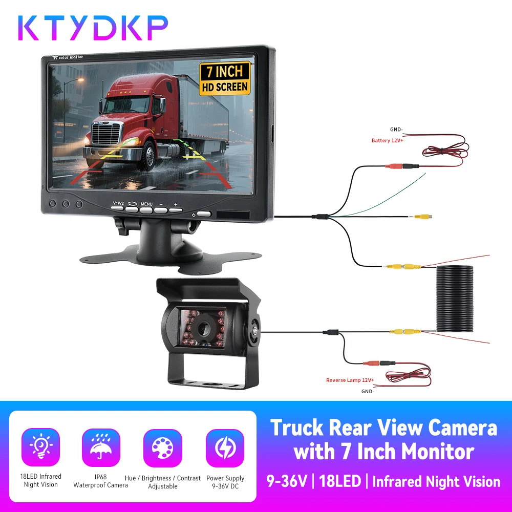 24 V Weitspannungs-7-Zoll-LKW-Rückfahrkamera und Monitor-Kit, wasserdichtes HD 1024 x 600-Rückfahrsystem für Bus-Van- und Nutzfahrzeuge Image