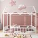 House Floor Bed Twin/Full Size, Metal Montessori Bed Frame with Fence Rails, Kids Playhouse Beds with Roof Design for Girls Boys