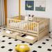Full Size Wood Daybed with Fence Guardrails and 2 Drawers, Split into Independent Floor Bed & Daybed, Space Saving Design