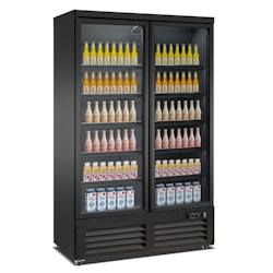 Kühlschrank KONDOR auf Räder | 2x Glastür + LED | 1000 Liter, HxBxT 205x125x70,5cm | 0/+10°C | Schwarz | + CHEFGASTRO Geschirrtuch Image