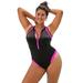 Plus Size Women's Zip-Front High Neck Chlorine Resistant One-Piece Swimsuit by Swimsuits For All in Black Fluorescent Pink (Size 24)