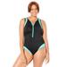 Plus Size Women's Zip-Front High Neck Chlorine Resistant One-Piece Swimsuit by Swimsuits For All in Black Miami Vice (Size 16)