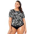 Plus Size Women's Chlorine-Resistant Twist Back Swim Tee by Swimsuits For All in Black Abstract (Size 20)
