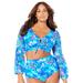 Plus Size Women's Bra-Sized Mesh Sleeve Underwire Bikini Top by Swimsuits For All in Blue Watercolor Florals (Size 36 F)