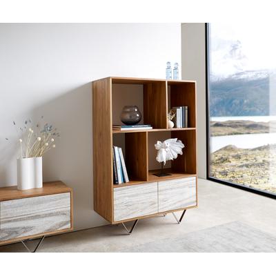 DELIFE Highboard Kleo 90x130 cm Akazie Natur 2 Türen V-Fuß Edelstahl, Highboards Image
