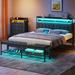 Wrought Studio™ Iolana Bed w/ Detachable Shoe Rack, LED Lights & USB Ports Upholstered/Metal/Polyester in Gray | Wayfair