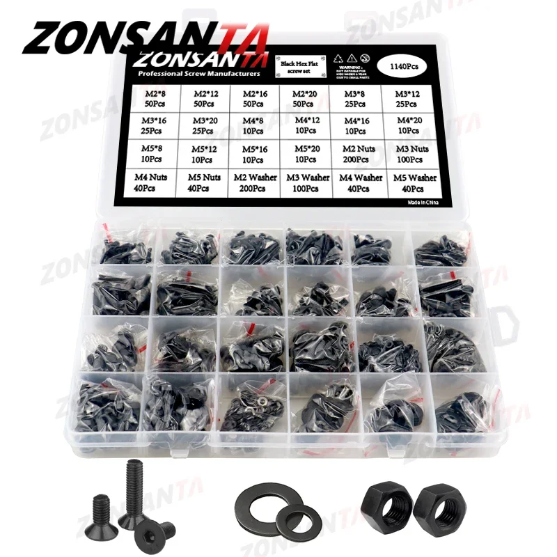 M2 M2,5 M3 M4 M5 Stahl der Güteklasse 10,9, schwarz, Innensechskant, Innensechskant, flacher Senkkopf, Inbusschlüssel, Bolzen, Mutter, Unterlegscheiben-Set Image