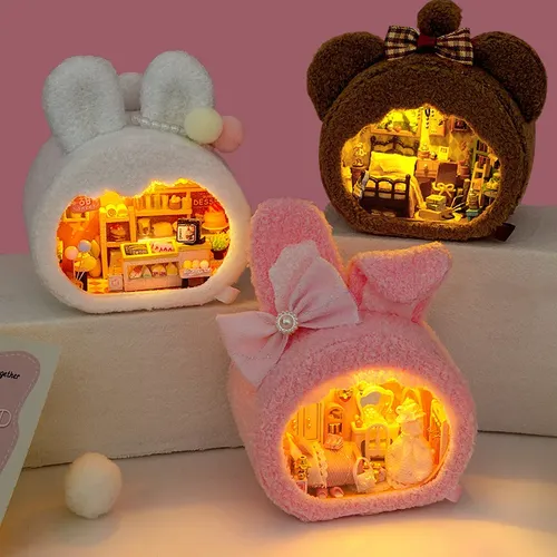 Neue DIY Holz Miniatur Baukasten Puppen häuser mit Möbeln Licht Bär rosa Kaninchen Casa Puppenhaus