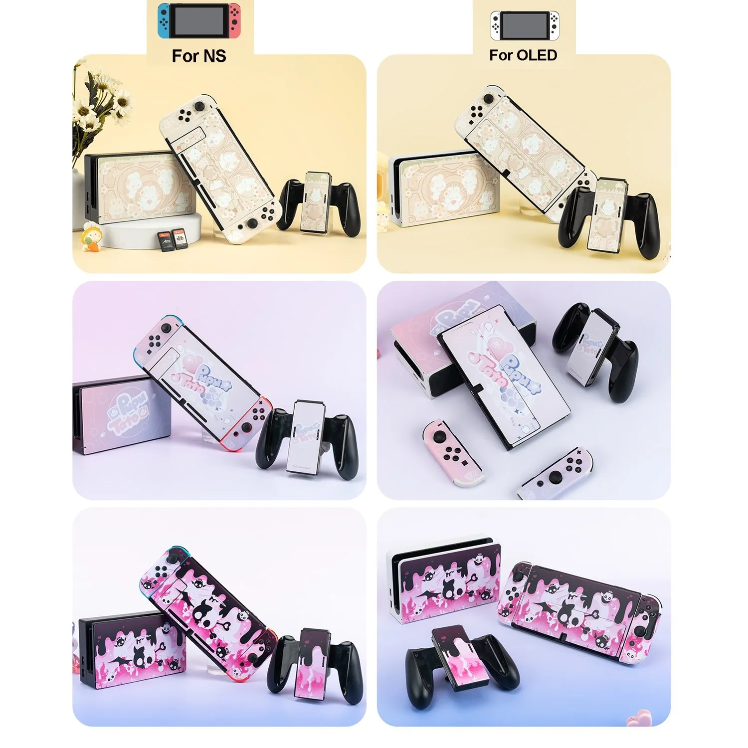 GeekShare Aufkleber für Nintendo Switch/OLED, süße Haut, komplettes Set, Schutzfolienaufkleber für Switch-Konsole, Joycon, Dock, Griff Image