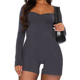 Women Sweetheart Neck Rompers Long Sleeve Ruched Front Jumpsuit Shorts