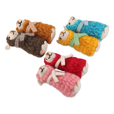 Oneiric Sheep,'Set of 6 Handcrafted Embroidered Wool Sheep Ornaments'