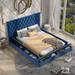 Blue Velvet Upholstered Low Profile Storage Platform Bed, Wingback Headboard