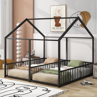 Kids House Bed Twin Montessori Floor Bed with Rails, Metal Double Twin Platform Bed Frame for 2 Girls Boys, Two Shared Beds