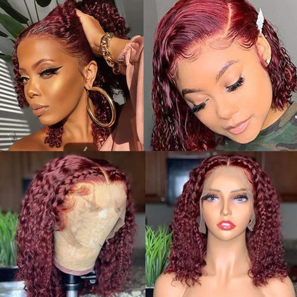 99J Rot Farbige Tiefe Lockige Perücke Echthaar 13x4 Burgund Spitze Front Echthaar Perücken Für Frauen Kurze bob Perücken 180% T Spitze Perücke Image