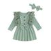 Suanret Toddler Baby Girls 2 Piece Outfits Lace Patchwork Ribbed Long Sleeves Dress and Headband Clothes Pea Green 18-24 Months