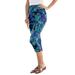 Plus Size Women's Essential Stretch Capri Legging by Roaman's in Ultra Blue Tropical Leaves (Size 38/40) Activewear Workout Yoga Pants