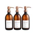 Three Pack Body Wash, Shampoo & Conditioner Amber Glass Bottle Set Of 3 - Brown Refillable Liquid Dispenser And Pump With White Waterproof Label | For Home, Bathroom And Kitchen Accessory