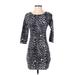 Express Casual Dress - Bodycon Scoop Neck 3/4 sleeves: Gray Leopard Print Dresses - Women's Size X-Small