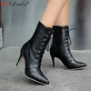 Herbst Winter 2024 PU Leder Stiefel Frauen Dünne Fersen Ankle Boot Größe Seite Zipper Kreuz-Gebunden Party Weibliche kurze Plüsch Schuhe
