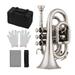 Bb Flat Mini Pocket Trumpet - Brass Wind Instrument with Mouthpiece Gloves Cleaning Cloth and Carrying Case