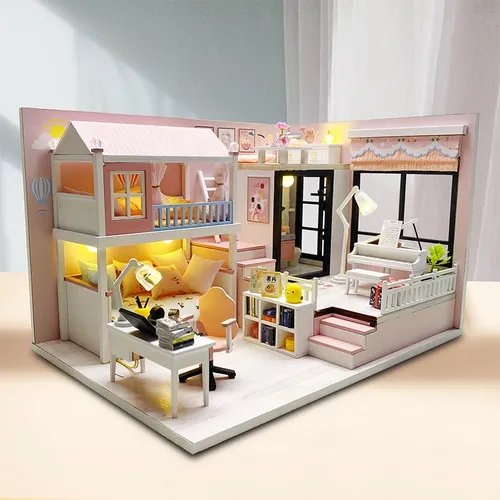 DIY Holz Prinzessin Zimmer Casa Puppe Häuser Miniatur-Baukästen mit Möbeln Licht Puppenhaus