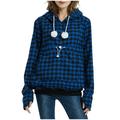 ylioge Spring Sweatshirts for Women Womens Oversized Hoodies Plaid Casual Loose Long Sleeve Crewneck Drawstring Plus Size Tops Blouses Shirts with Pet Bag