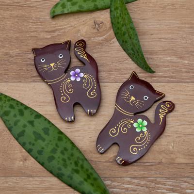 'Set of 2 Hand-Painted Floral Cat-Shaped Wood Magnets'