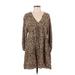 Zara TRF Casual Dress - Shift V-Neck Long sleeves: Brown Leopard Print Dresses - Women's Size X-Small