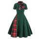 QIANKUN Red Plaid Vintage Pin Up Midi Dress Bow Tie Neck Casual Robe Women Short Sleeve Summer A Line Elegant Dresses-green dress,L