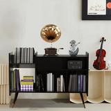 Mercer41 Audio Cabinet, 2 Floor Sliding Door Audio Record Rack Stands Wood/Manufactured Wood in Black/Brown | 33.66 H x 47.24 W x 13.77 D in | Wayfair