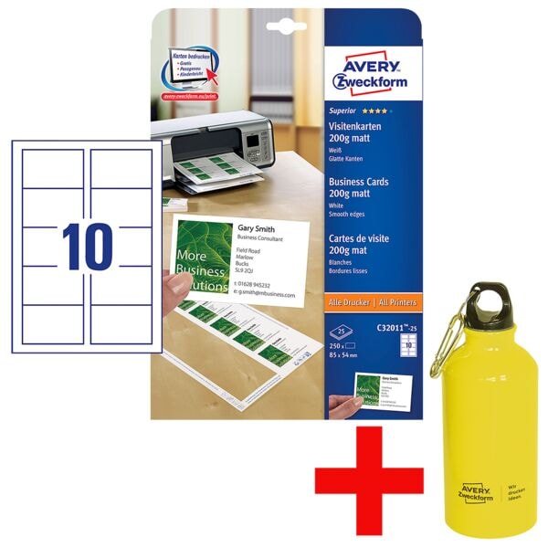 Avery Zweckform Visitenkarten C32011-25 inkl. Trinkflasche weiß, 8.5x5.4 cm Image