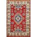 Red Geometric Kazak Foyer Rug Hand-Knotted Traditional Wool Carpet - 2'0" x 3'0"