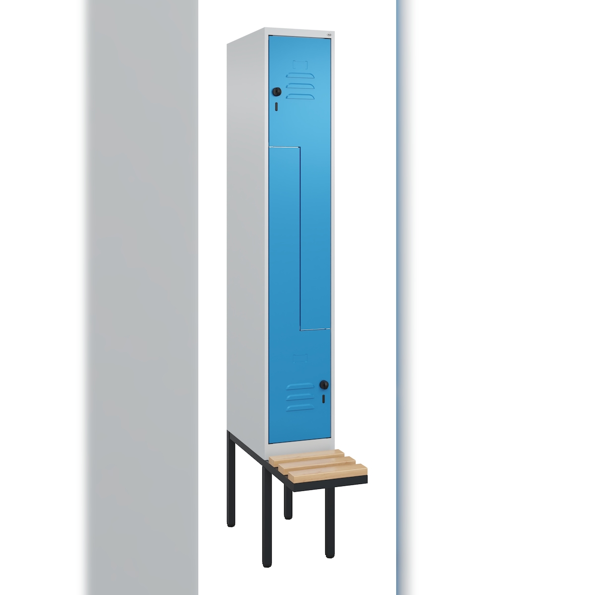 C+P Z-Spind Classic PLUS, Kunststoff untergebaute Sitzbank, 8 Abteile, HxBxT 212x120x82cm, Zylinderschloss, Hellgrau/Rot von PROREGAL Image