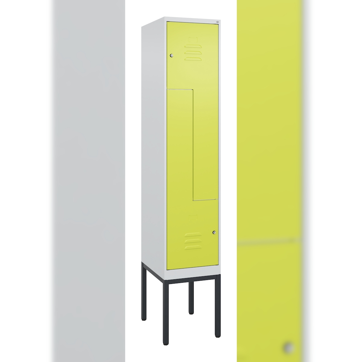 C+P Z-Spind Classic PLUS, Gestell, 2 Abteile, HxBxT 212x40x50cm, Zylinderschloss, Hellgrau/Clowngrün von PROREGAL Image