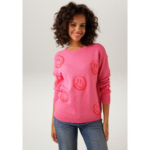 Strickpullover ANISTON CASUAL Gr. 38, pink (pink-rot) Damen Pullover mit eingestrickten Smileys