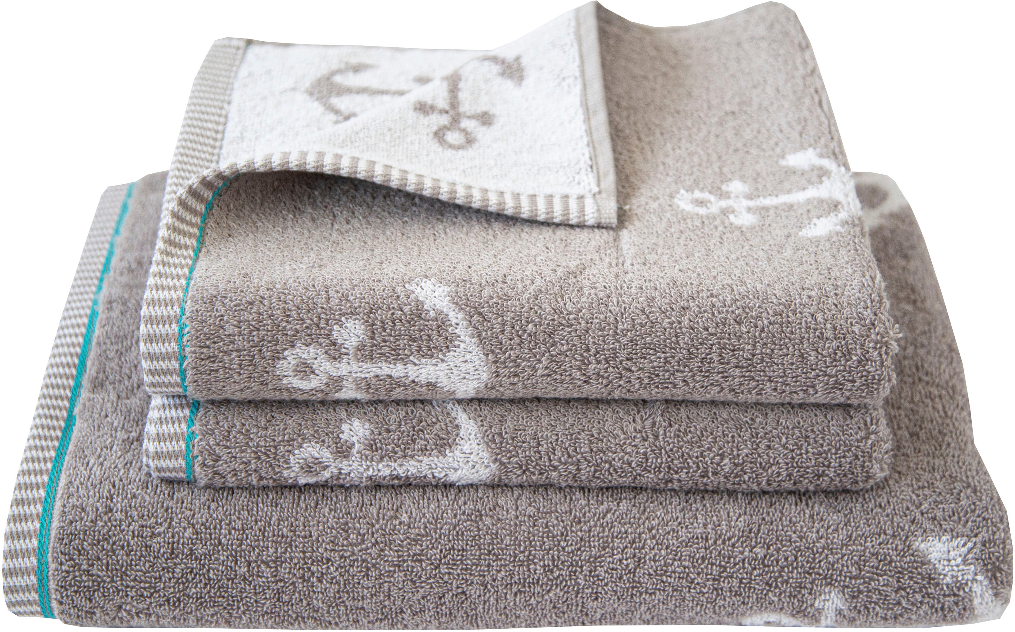 Handtuch Set DYCKHOFF "Maritim, Nautic", grau (kiesel), 3 Stk., Frottier, Frottier, Obermaterial: 100% Baumwolle, Handtuch-Sets, 2 Handtücher (50x100 cm), 1 Duschtuch (70x140 cm)