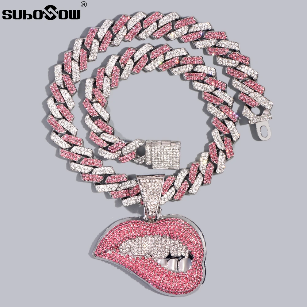 Mode Biss Lippe Form Anhänger Halskette für Frauen bling vereist Kette rosa Kristall miami kubanische Kette Hip Hop Halsketten Schmuck