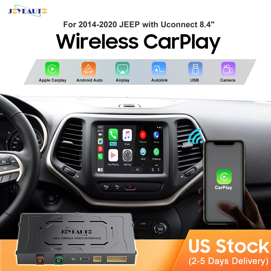 JoyeAuto Wireless CarPlay Retrofit Kit Decoder für Jeep Grand Cherokee Commmander Compass Uconnect 8.4 2014-2020MY Android Auto Image