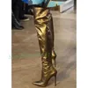 Dark Gold Metallic Lange Stiefel frauen Elegante Spitz Hohe Stiletto Ferse Stiefel Zurück Zipper Shiny Leder Laufsteg Party schuhe