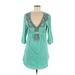 Banana Republic Casual Dress - Mini Plunge 3/4 sleeves: Teal Dresses - Women's Size Medium