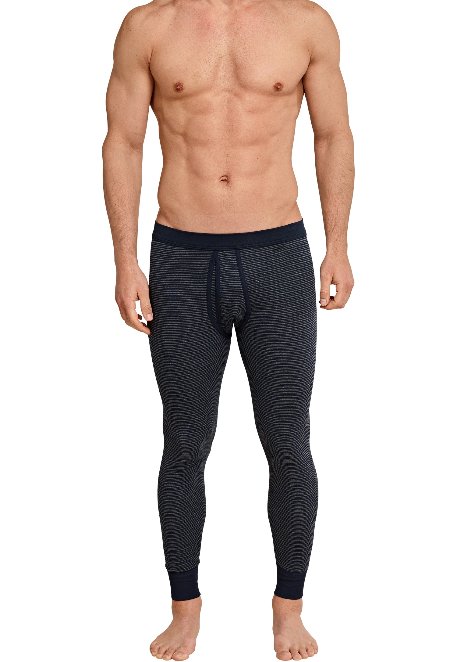 Lange Unterhose SCHIESSER "Feinripp Melange", Herren, Gr. 6L, blau (803, dunkelblau), Feinripp, Obermaterial: 100% Baumwolle, gestreift, unifarben, figurbetont, Unterhosen, mit Softbund Image