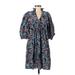 Never A Wallflower Casual Dress - A-Line V Neck 3/4 sleeves: Blue Floral Dresses - Women's Size X-Small