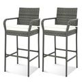 Costway Patio Wicker Barstools Set of 2 with Armrests & Soft Cushions Stable Metal Frame