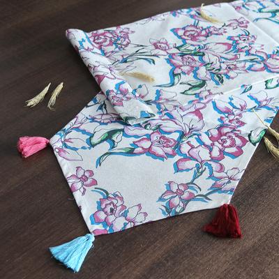 Delicious Blooms,'Handcrafted Floral Cotton Table Runner in Pink and Blue Hues'