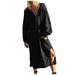 AherBiu Long Sleeve Dress for Women Hooded Deep V Neck Side Zipper Split Sweatshirt Maxi Dresses with Pockets