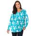 Plus Size Women's Perfect Printed Long-Sleeve V-Neck Tee by Woman Within in Pretty Turquoise Stamp Flower (Size 38/40) Shirt