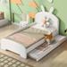 White Chenille Upholstered Twin Size Platform Bed with Cartoon Ears Headboard - Guardrail, Sturdy Frame, Easy Assembly