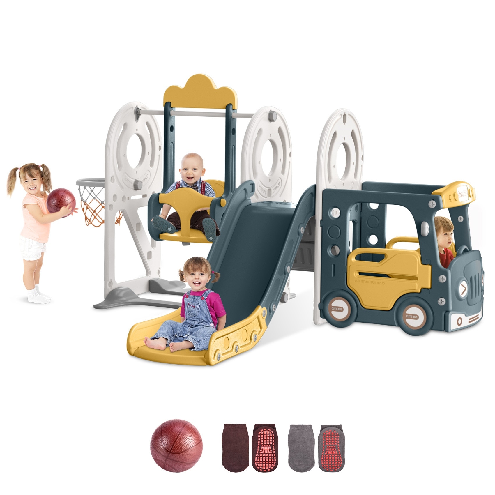5 in 1 Indoor Outdoor Toddler Slide and Swing Set, Kid Slide for Toddlers Age 1-3, Bus Themed Baby Slide