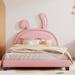 Full Size Platform Bed w/ Rabbit Ornament Leather Upholstered Bed Frames for Kids, Teens Design for Your Children, Pink